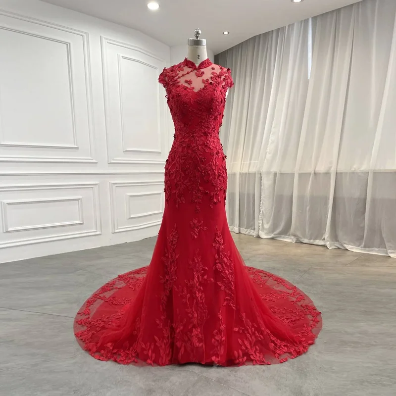Chinese Traditional Cheongsam High Neck Cap Sleeve Lace Appliques Slim Red Evening Dresses
Chinese Traditional Cheongsam High Neck Cap Sleeve Lace Appliques Slim Red Evening Dresses