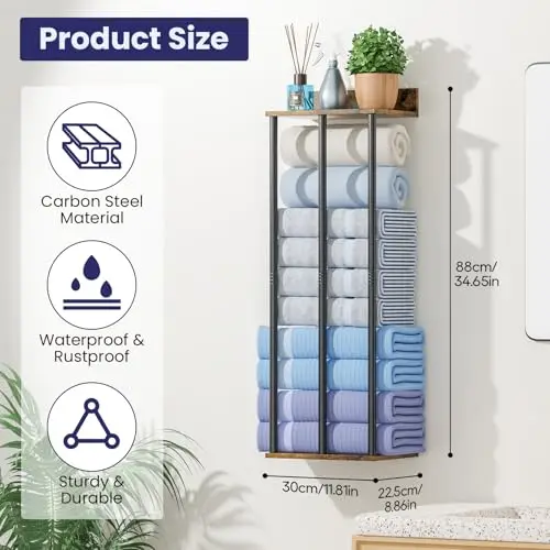 34 Inch Wall Mounted Towel Organizer With Floating Wood Shelf, Carbon Steel Frame, Waterproof Rustproof, Holds 6 Towels
34 Inch Wall Mounted Towel Organizer With Floating Wood Shelf, Carbon Steel Frame, Waterproof Rustproof, Holds 6 Towels