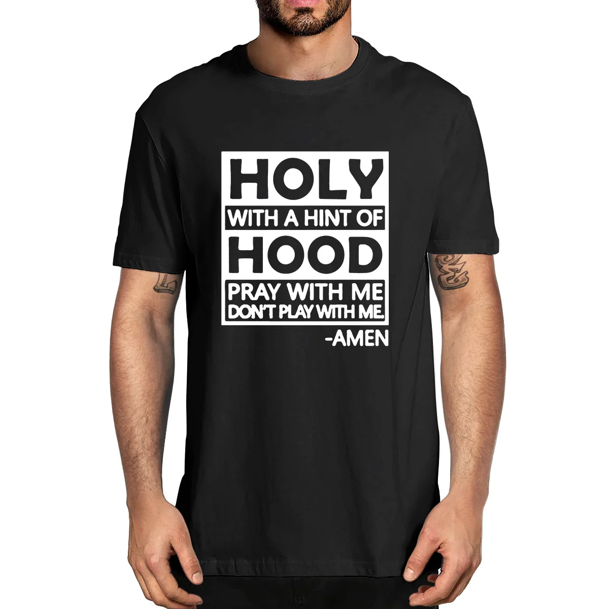 Half Hood Half Holy Holy With A Hint Of Hood, Pray With Me , Don't Play With Me, A Men, Saying Layered Summer Men's T-Shirt Tee
Half Hood Half Holy Holy With A Hint Of Hood, Pray With Me , Don't Play With Me, A Men, Saying Layered Summer Men's T-Shirt Tee