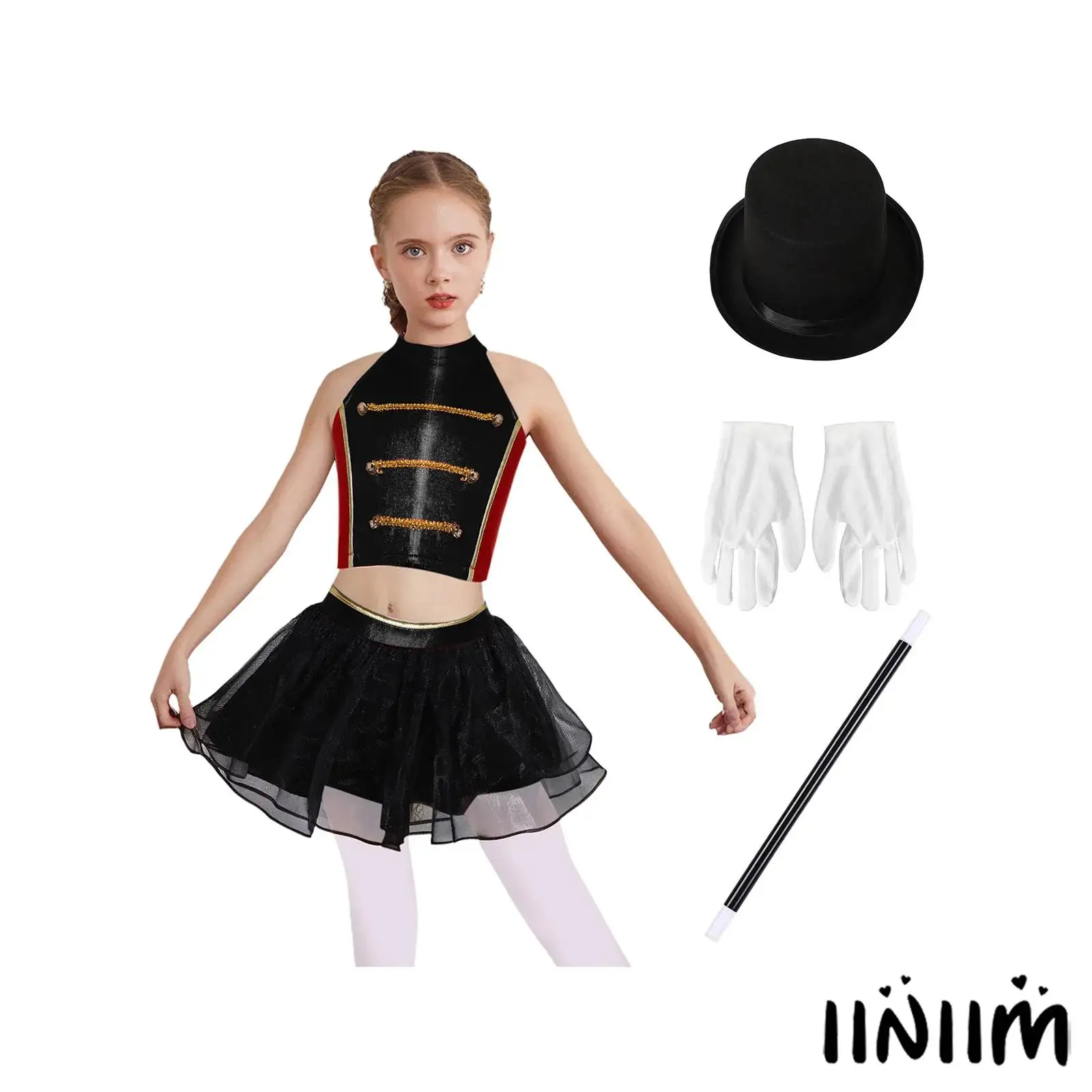 Girls Circus Cosplay Costume 5Pcs Halter Top Built In Briefs Puffy Mesh Skirt with Magic Wand Hat Gloves for Magician Role Play 
Girls Circus Cosplay Costume 5Pcs Halter Top Built In Briefs Puffy Mesh Skirt with Magic Wand Hat Gloves for Magician Role Play