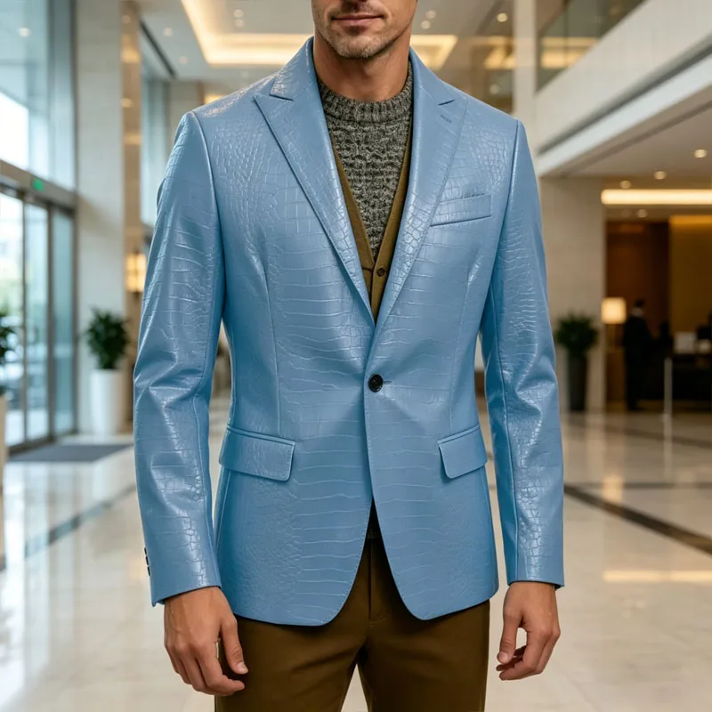 Vintage Men's Crocodile Embossed Leather Blazer Notch Lapel 1 Button Jacket Business Casual Formal Luxury Coat With Flap Pockets
Vintage Men's Crocodile Embossed Leather Blazer Notch Lapel 1 Button Jacket Business Casual Formal Luxury Coat With Flap Pockets
