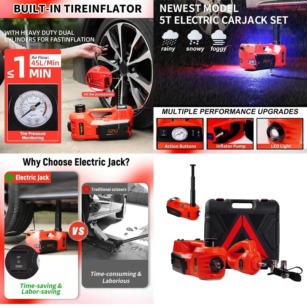12V 5 Ton Portable Electric Hydraulic Car Jack Kit with Impact Wrench, Tire Inflator, and LED Light for SUV, Sedan, and Truck Re
12V 5 Ton Portable Electric Hydraulic Car Jack Kit with Impact Wrench, Tire Inflator, and LED Light for SUV, Sedan, and Truck Re