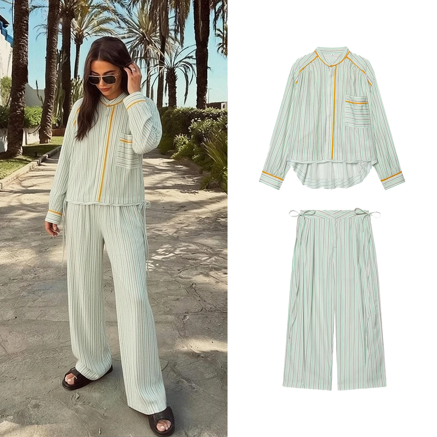 Women's Daily Striped Shirt Pant Sets Spring Summer Female Full Sleeve Casual Shirt Tops Or Lady Lazy Style Wide Leg Long Pants
Women's Daily Striped Shirt Pant Sets Spring Summer Female Full Sleeve Casual Shirt Tops Or Lady Lazy Style Wide Leg Long Pants