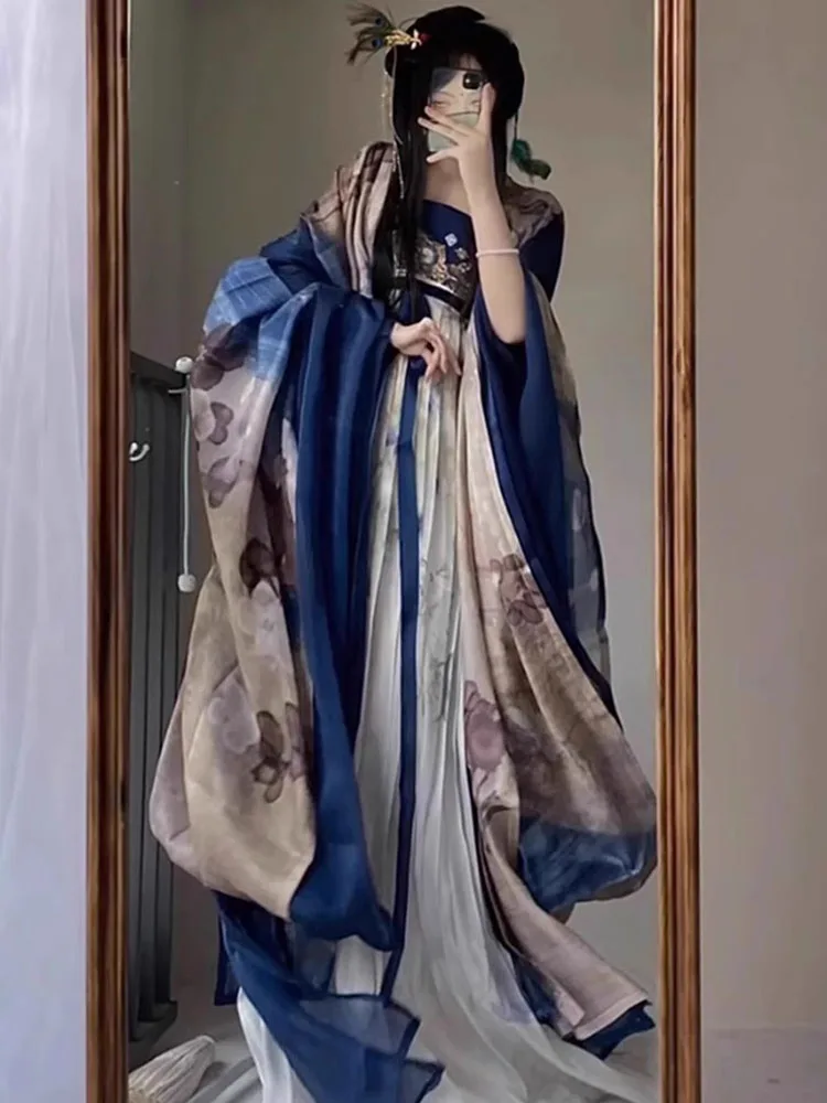 Double Layer Tang Dynasty Embroidered Hanfu Dress Women's Style Large Sleeve Shirt Dark Blue Hanfu Suit Daily Wear
Double Layer Tang Dynasty Embroidered Hanfu Dress Women's Style Large Sleeve Shirt Dark Blue Hanfu Suit Daily Wear