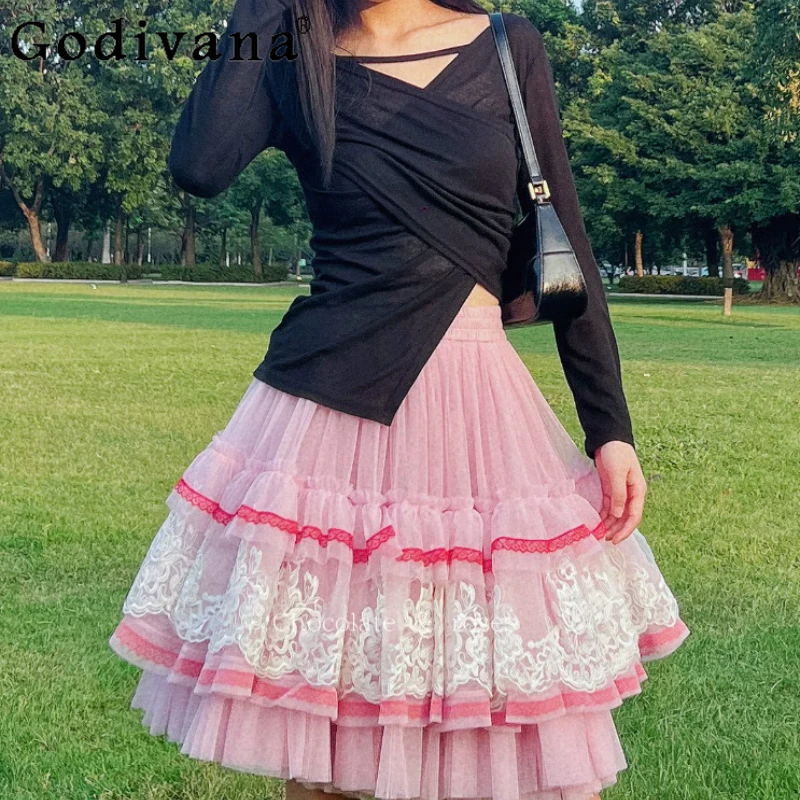 Elegant New Lace Gauze Fashion Elastic Waist Cake Short Skirt Sweet Girl Versatile Age Reduction Pink Lolita Princess Skirts
Elegant New Lace Gauze Fashion Elastic Waist Cake Short Skirt Sweet Girl Versatile Age Reduction Pink Lolita Princess Skirts