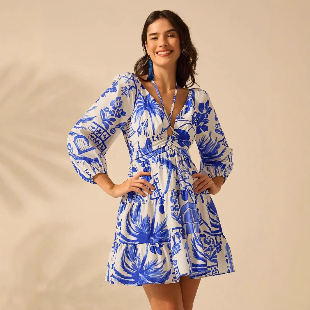 Women Blue Fashion New Bouquet Printed Fashion V-neck Waist Short Skirt Lantern Sleeve Strap Versatile backless Explosive Dress
Women Blue Fashion New Bouquet Printed Fashion V-neck Waist Short Skirt Lantern Sleeve Strap Versatile backless Explosive Dress