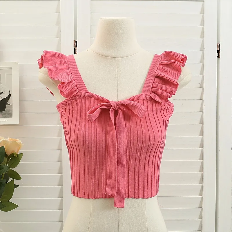Summer Knit Tee Ruffle Sleeveless Backless Short Tank Top Solid Bow Strape Korean Fashion Style Casual Streetwear Camisole
Summer Knit Tee Ruffle Sleeveless Backless Short Tank Top Solid Bow Strape Korean Fashion Style Casual Streetwear Camisole