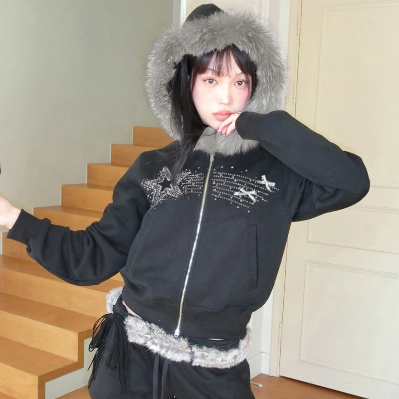 Women's Spring Autumn Y2K Aesthetic Cropped Fuzzy Plush Hooded Coat Long Sleeve Full Zip Up Rhinestone Bow Star Hoodie Jacket
Women's Spring Autumn Y2K Aesthetic Cropped Fuzzy Plush Hooded Coat Long Sleeve Full Zip Up Rhinestone Bow Star Hoodie Jacket
