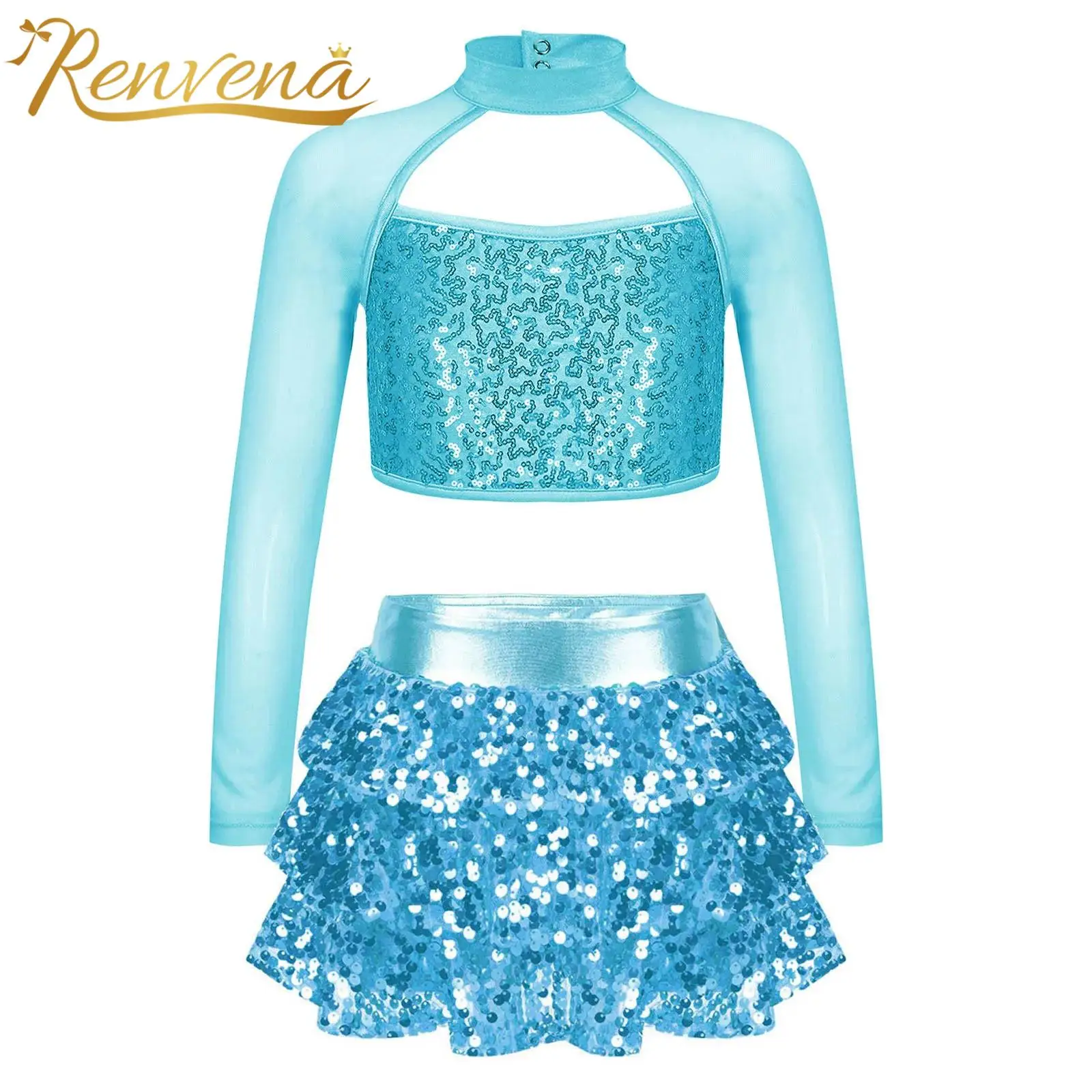 Girls Shiny Sequin Jazz Dance Outfit Long Sleeve Cutout Crop Top with Skirts Birthday Party Costume Stage Performance Dancewear
Girls Shiny Sequin Jazz Dance Outfit Long Sleeve Cutout Crop Top with Skirts Birthday Party Costume Stage Performance Dancewear