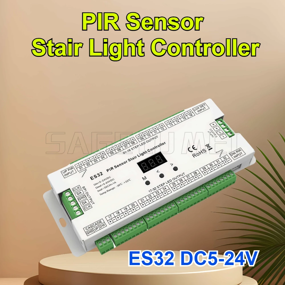 PIR Sensor Stair Light Controller ES32 32CH PIR Human Body Infrared Sensor Switch Output Connected to Low Voltage LED Light Belt
PIR Sensor Stair Light Controller ES32 32CH PIR Human Body Infrared Sensor Switch Output Connected to Low Voltage LED Light Belt