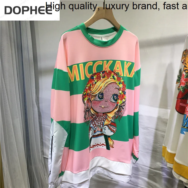 Hot Drilling Cartoon Pink Striped Pullovers Top Loose Faux Two Piece O-neck Long-sleeved Sweatshirt Mid-long Autumn Sweaters
Hot Drilling Cartoon Pink Striped Pullovers Top Loose Faux Two Piece O-neck Long-sleeved Sweatshirt Mid-long Autumn Sweaters