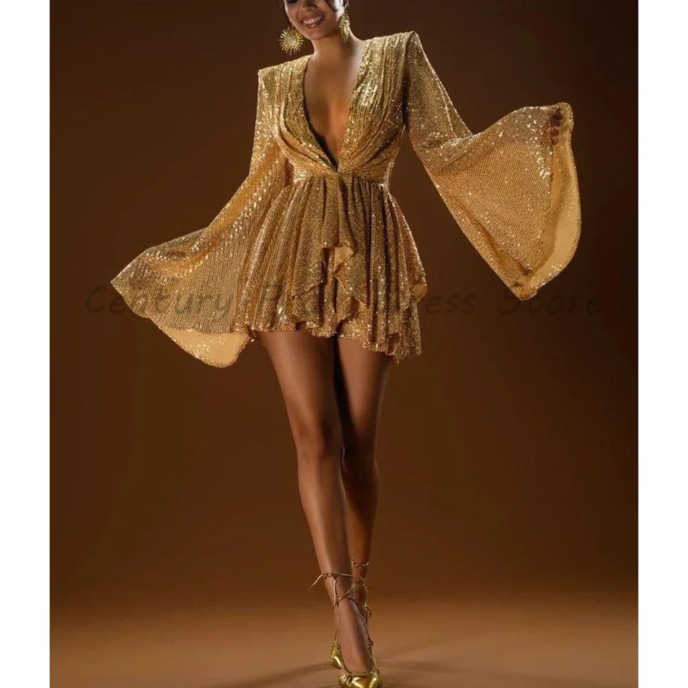 Gold Deep V-Neck Sequin Evening Dress with Flare Long Sleeves & Ruffle Skirt Formal Cocktail Mini Gown
Gold Deep V-Neck Sequin Evening Dress with Flare Long Sleeves & Ruffle Skirt Formal Cocktail Mini Gown