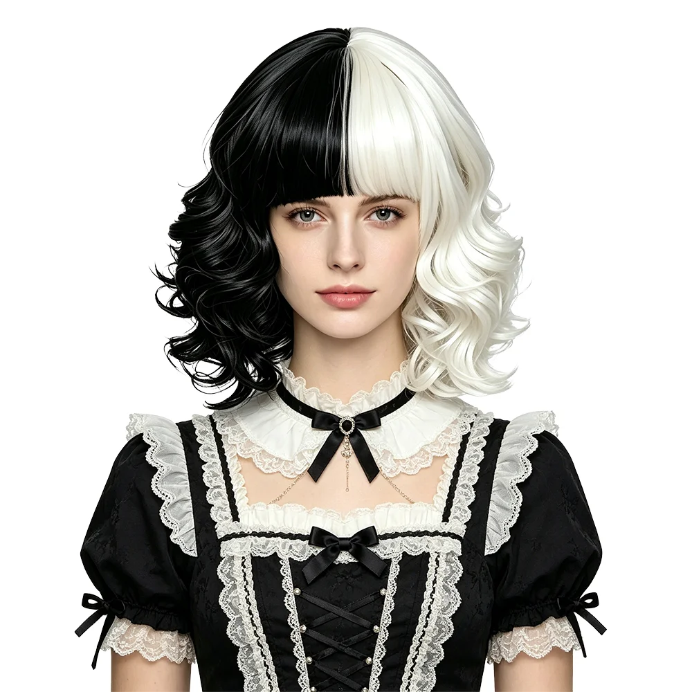 Half Black Half White Wig Short Curly Bob Wig with Bangs Fluffy Heat Resistant Synthetic Wig For Women Halloween Cosplay Party
Half Black Half White Wig Short Curly Bob Wig with Bangs Fluffy Heat Resistant Synthetic Wig For Women Halloween Cosplay Party