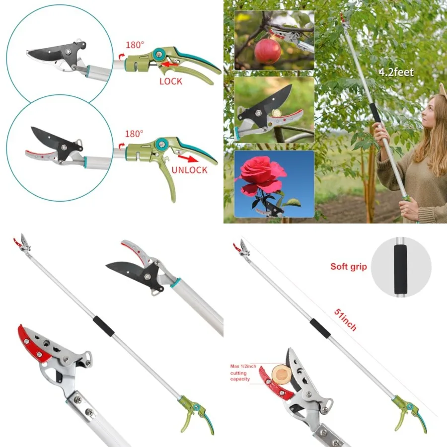 Cut and Hold Pole Pruner, 4.2 FT Lightweight Fruit Picker with 180° Rotating Handle, SK5 Steel Blade Cuts up to 1/2 Inch, Long
Cut and Hold Pole Pruner, 4.2 FT Lightweight Fruit Picker with 180° Rotating Handle, SK5 Steel Blade Cuts up to 1/2 Inch, Long