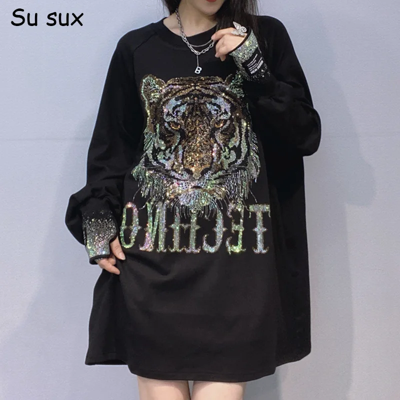 Sequins Big Tiger's Head Pattern Oversized Long Sleeve T Shirt Woman Casual Loose O Neck Black Top Vestidos Bust150cm Streetweas
Sequins Big Tiger's Head Pattern Oversized Long Sleeve T Shirt Woman Casual Loose O Neck Black Top Vestidos Bust150cm Streetweas