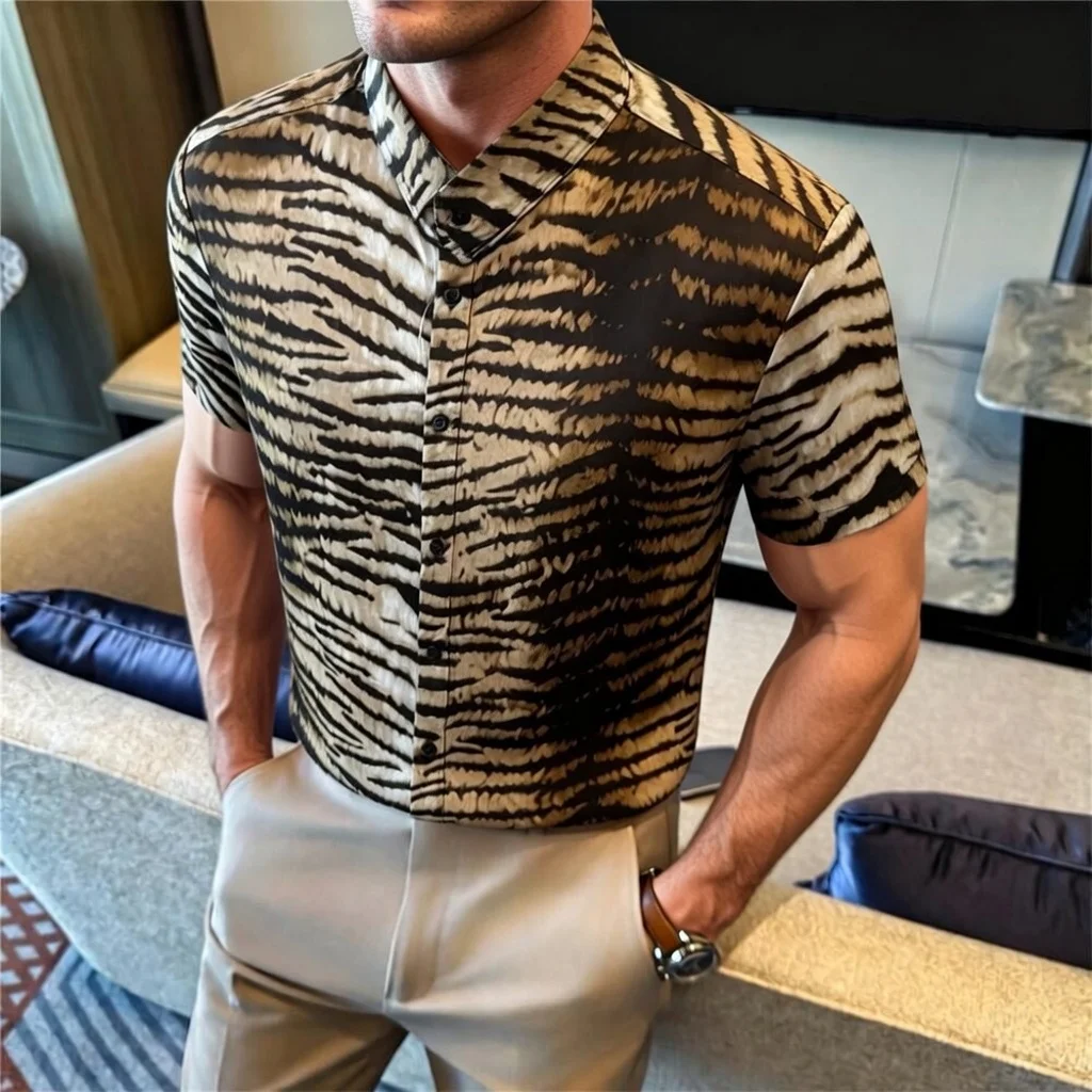 Fashion Tiger Stripe Printed Men's Shirts Summer Buttons Short Sleeve Man Shirt Streetwear Sexy Nightclub Prom Camisas De Hombre
Fashion Tiger Stripe Printed Men's Shirts Summer Buttons Short Sleeve Man Shirt Streetwear Sexy Nightclub Prom Camisas De Hombre