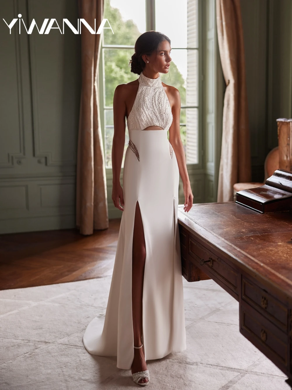 Sexy Halter High Slit Satin Long Wedding Dress Sparkly Beaded Straight Bridal Gown Customized Dreamy Dresses For Bride
Sexy Halter High Slit Satin Long Wedding Dress Sparkly Beaded Straight Bridal Gown Customized Dreamy Dresses For Bride