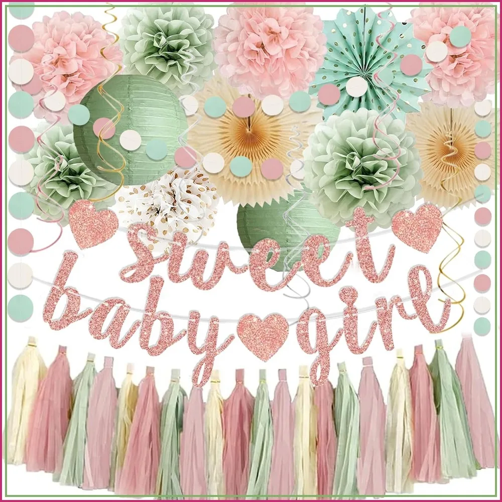 Boho Baby Shower Decorations - Sweet Baby Girl Banner, Olive Green Lanterns, Streamers, Tissue Pom Poms, Paper Fans, Tassel, Rustic Backdrop
Boho Baby Shower Decorations - Sweet Baby Girl Banner, Olive Green Lanterns, Streamers, Tissue Pom Poms, Paper Fans, Tassel, Rustic Backdrop