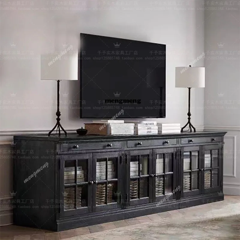 French retro old American solid wood locker storage glass door three drawer TV cabinet
French retro old American solid wood locker storage glass door three drawer TV cabinet