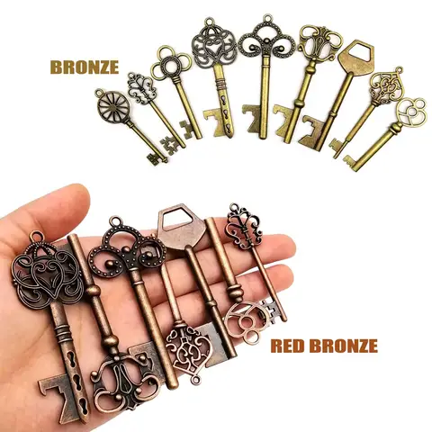 9pcs/set Mix Kit Old Looking Retro Vintage Key Antique Brass Bronze Silver Decorative Steampunk Charms Pendant Jewelry Making E