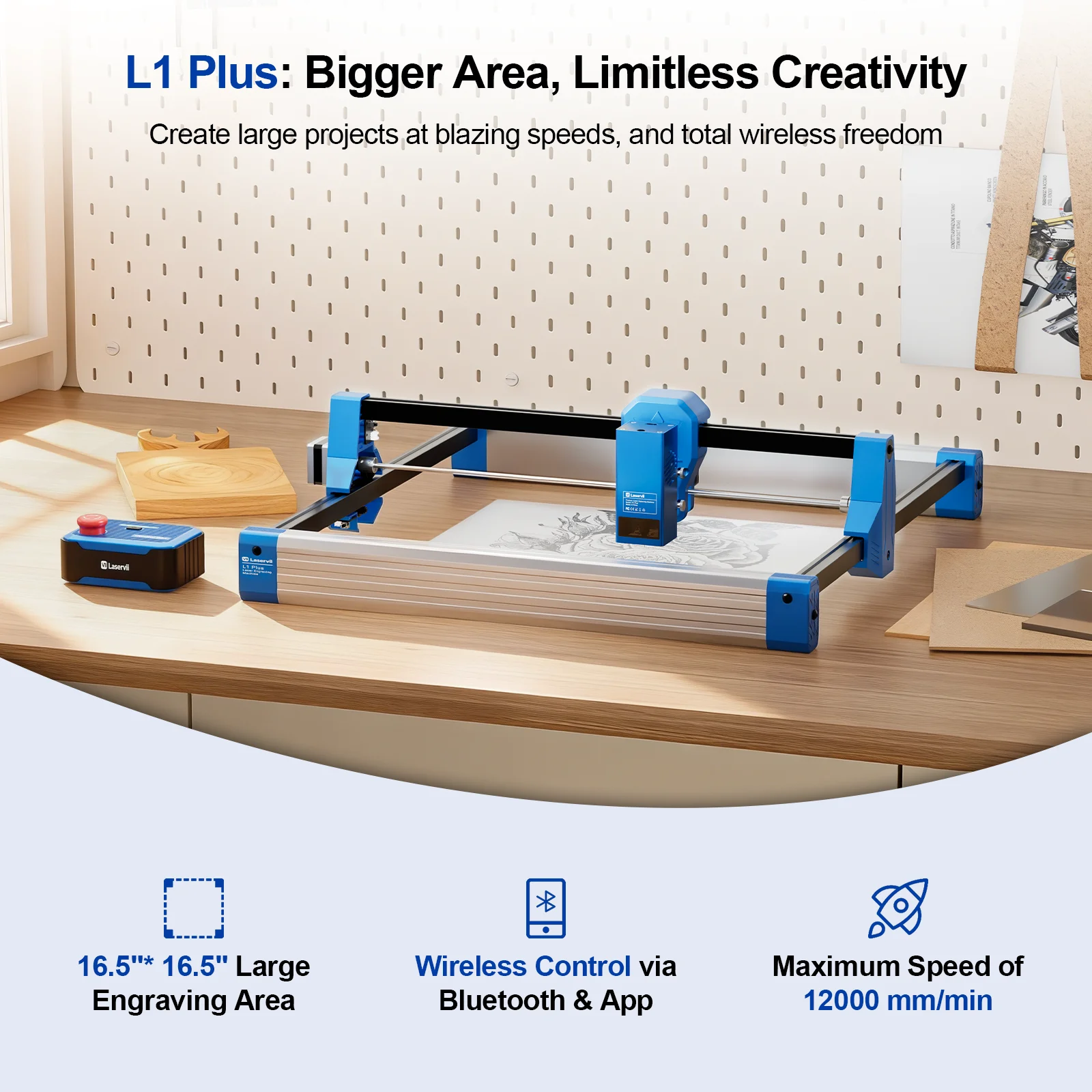 Laservii L1 Plus: 420x420mm Desktop Laser Engraver 24W, Bluetooth/Mobile APP, 12000mm/min, Snap Install, RGB Status Lights
Laservii L1 Plus: 420x420mm Desktop Laser Engraver 24W, Bluetooth/Mobile APP, 12000mm/min, Snap Install, RGB Status Lights