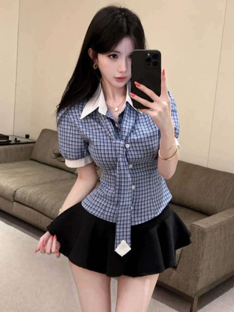 Slimming Plaid Shirt And Puffy Short Skirt Two-Piece Set Korean Style Office Commute Fashion Waist-Cinching Collar
Slimming Plaid Shirt And Puffy Short Skirt Two-Piece Set Korean Style Office Commute Fashion Waist-Cinching Collar