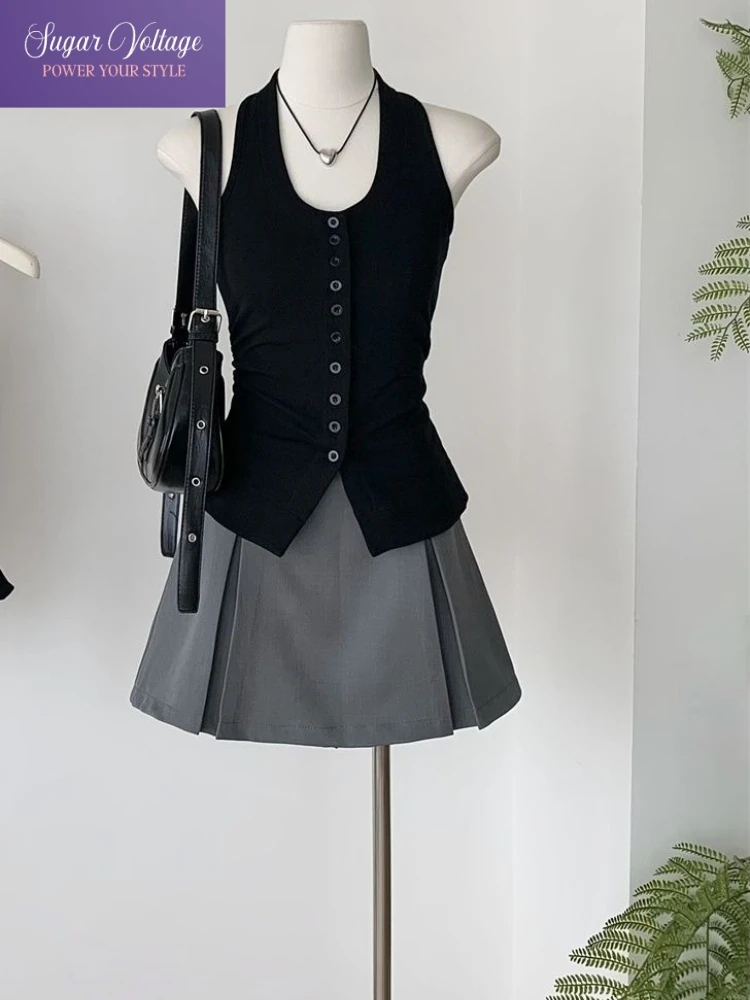 Vintage Casual 2 Piece Set Women Slim Button Halter Top + High Waist Pleated Skirt Summer Harajuku Elegant Chic Preppy Outfits
Vintage Casual 2 Piece Set Women Slim Button Halter Top + High Waist Pleated Skirt Summer Harajuku Elegant Chic Preppy Outfits