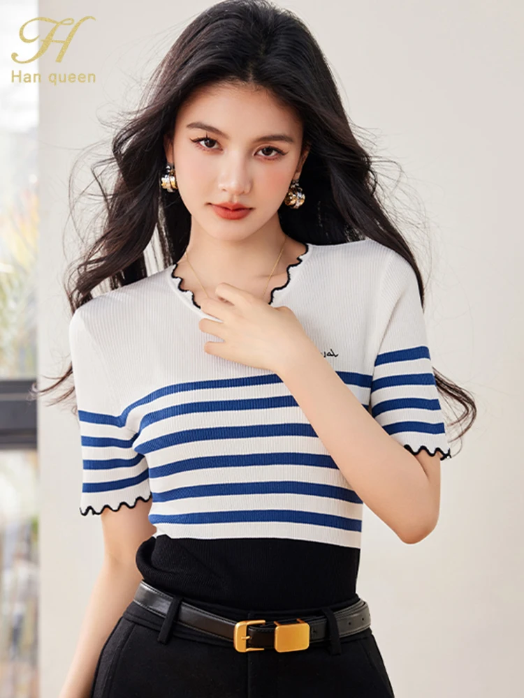 H Han Queen 2025 Female Clothing Casual Korean Striped Knit Tees Women Summer Tops Simple Colour Blocked Short Sleeve T-Shirts
H Han Queen 2025 Female Clothing Casual Korean Striped Knit Tees Women Summer Tops Simple Colour Blocked Short Sleeve T-Shirts