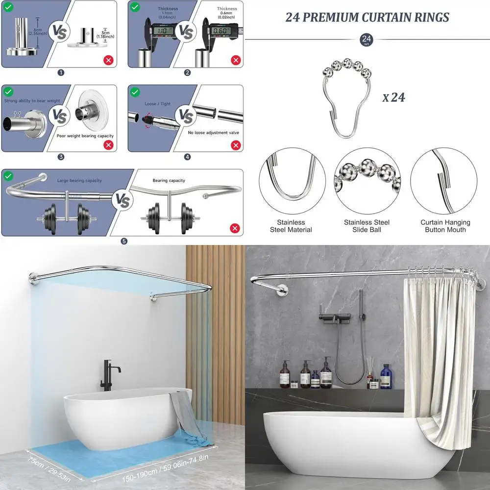Регулируемый изогнутый карниз для душевой занавески, от 29,5 до 75 дюймов, устойчивый к ржавчине, 24 крючка в комплекте - серебристый
Регулируемый изогнутый карниз для душевой занавески, от 29,5 до 75 дюймов, устойчивый к ржавчине, 24 крючка в комплекте - серебристый