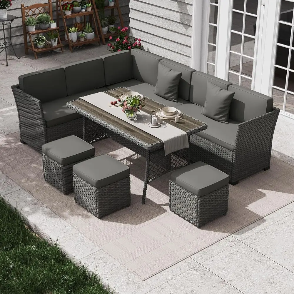 Grey Outdoor PE Wicker Rattan Patio Dining Set with Table and Chairs, Including Ottoman
Grey Outdoor PE Wicker Rattan Patio Dining Set with Table and Chairs, Including Ottoman