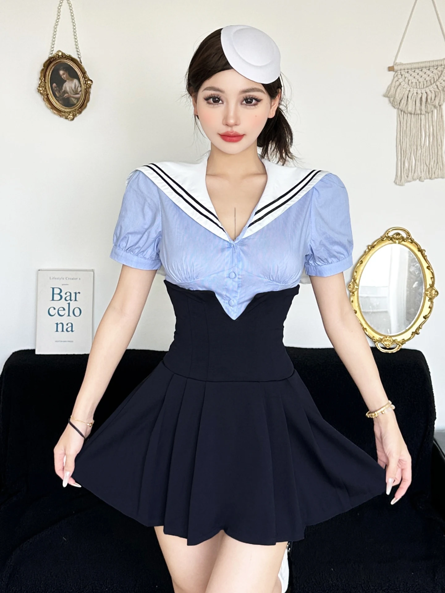 WEEKEEP Navy Collar Striped Bubble Sleeve Shirt And High Waist Pleated Short Skirt Set Women's Fashion Casual Street Style
WEEKEEP Navy Collar Striped Bubble Sleeve Shirt And High Waist Pleated Short Skirt Set Women's Fashion Casual Street Style