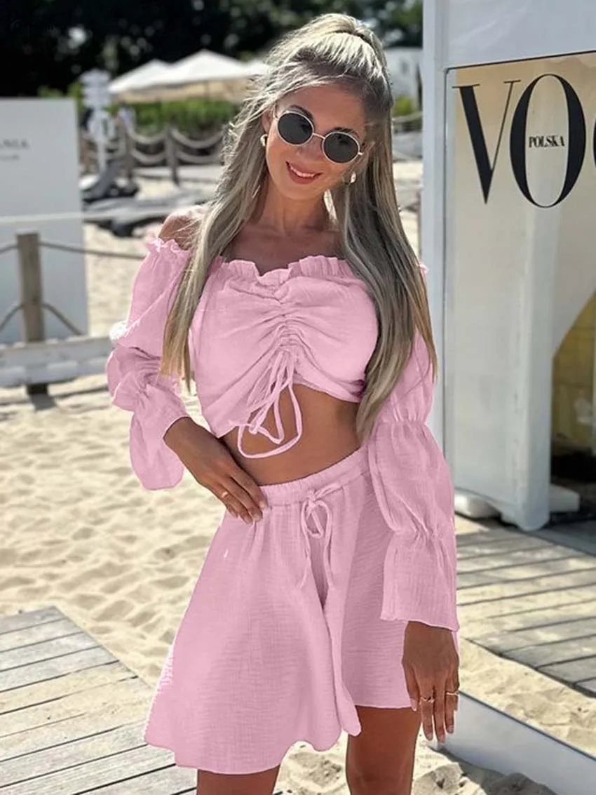 Oymimi Elegant Pink Cotton 2 Pieces Set For Woman Fashion Strapless Long Sleeve Lace-Up Crop Tops And Drawstring Skirts Sets
Oymimi Elegant Pink Cotton 2 Pieces Set For Woman Fashion Strapless Long Sleeve Lace-Up Crop Tops And Drawstring Skirts Sets