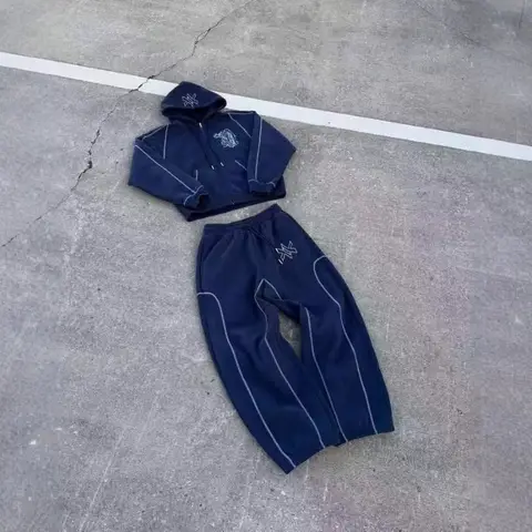 American Y2K Casual Zipper Hoodie Sweatpant Two Piece Set HipHop Oversized Embroidery Sweatshirts Men Women Casual Pants