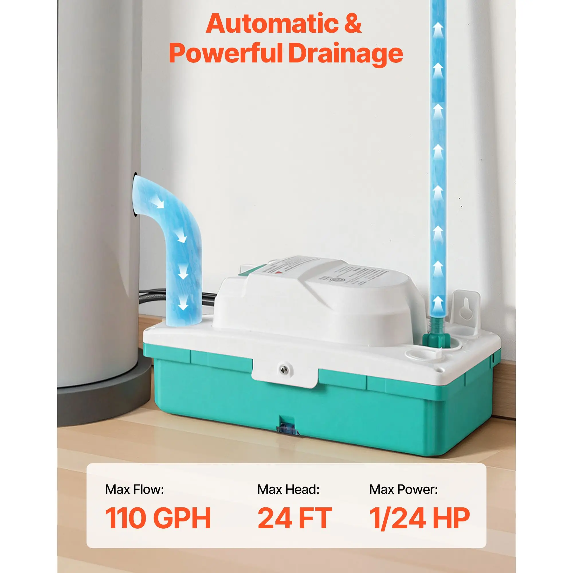 Condensate Pump, 1/24 HP, 110 GPH, 24 ft Lift, 100-240V Automatic AC Condensation Removal Pump with Safety Switch & 20 ft Tubing, for Air Conditioner, Dehumidifier, HVAC, Furnace, Ice Maker
Condensate Pump, 1/24 HP, 110 GPH, 24 ft Lift, 100-240V Automatic AC Condensation Removal Pump with Safety Switch & 20 ft Tubing, for Air Conditioner, Dehumidifier, HVAC, Furnace, Ice Maker