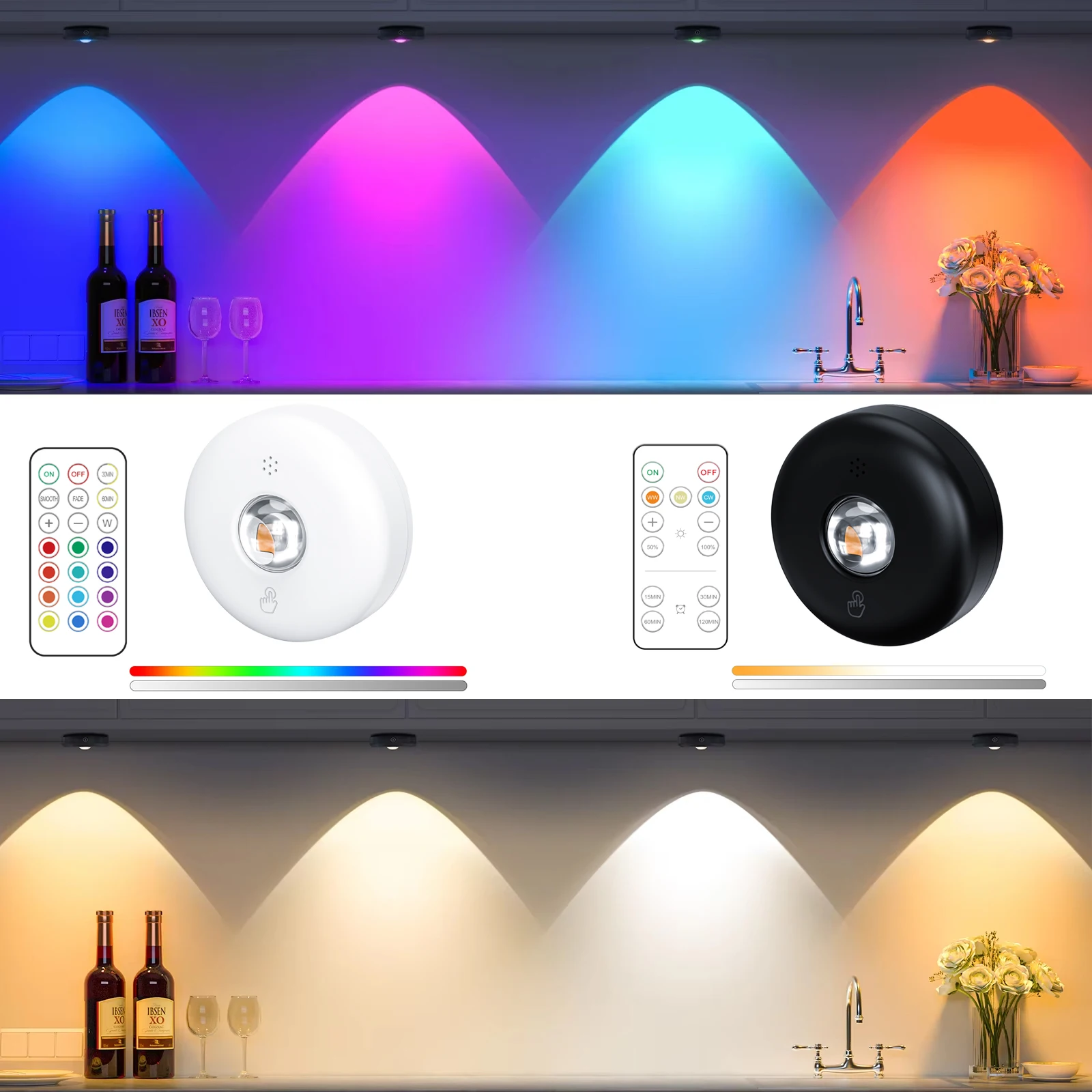 LED Night Light Remote Control Wireless Bettery Powered Under Cabinet Puck Light 3 Color RGBW for Wall Wine Closet Ambient Light
LED Night Light Remote Control Wireless Bettery Powered Under Cabinet Puck Light 3 Color RGBW for Wall Wine Closet Ambient Light