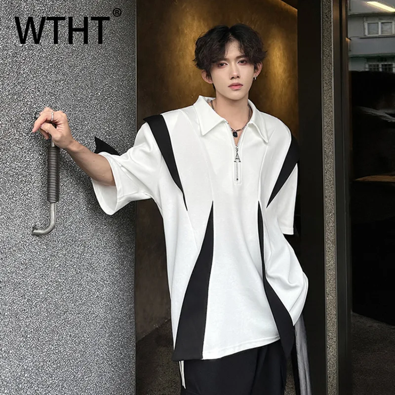 WTHT Trendy Men's Contrast Color Patchwork Shoulder Pads T-shirts Fashion Zipper Lapel Short Sleeves Tops Male Summer 2A0354
WTHT Trendy Men's Contrast Color Patchwork Shoulder Pads T-shirts Fashion Zipper Lapel Short Sleeves Tops Male Summer 2A0354