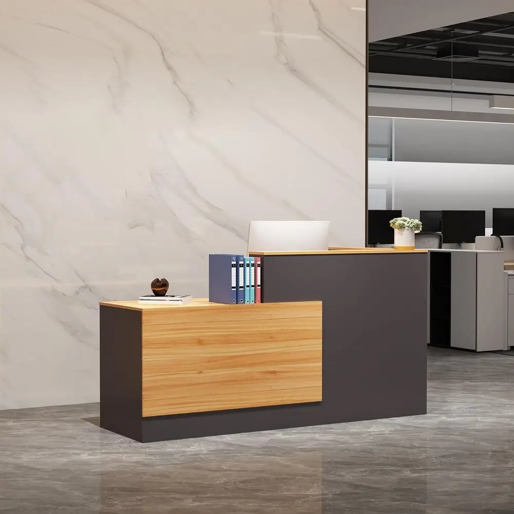 Large L-Shaped Reception Desk with Storage, Keyboard Tray, and Lockable Drawers in Natural Wood/Gray Finish
Large L-Shaped Reception Desk with Storage, Keyboard Tray, and Lockable Drawers in Natural Wood/Gray Finish