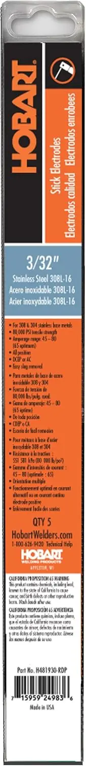 Stainless Steel Welding Electrodes, 3/32-Inch, 308L, 10-Pack
Stainless Steel Welding Electrodes, 3/32-Inch, 308L, 10-Pack