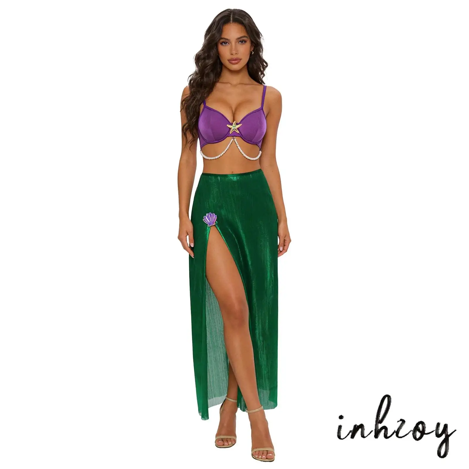 Womens Mermaid Cosplay Outfit Push-up Underwire Bra with Starfish and Faux Pear Slit Hem Iridescent Metallic Skit+Thong Set
Womens Mermaid Cosplay Outfit Push-up Underwire Bra with Starfish and Faux Pear Slit Hem Iridescent Metallic Skit+Thong Set