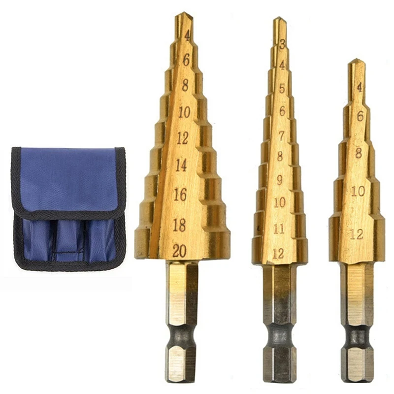 Hexagonal handle titanium plated ladder drill tower drill bit set 3-12/4-12/4-20mm small three piece set
Hexagonal handle titanium plated ladder drill tower drill bit set 3-12/4-12/4-20mm small three piece set