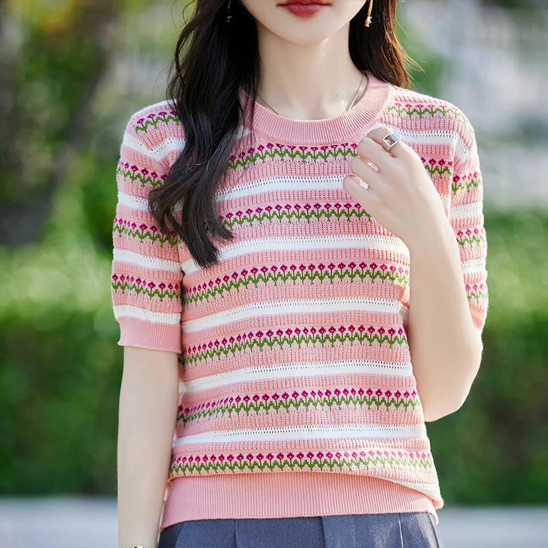 Summer Thin Knitted Short-Sleeved T-Shirt With Women's 100% Cotton Printed Half-Sleeve Loose Bottoming Shirt
Summer Thin Knitted Short-Sleeved T-Shirt With Women's 100% Cotton Printed Half-Sleeve Loose Bottoming Shirt