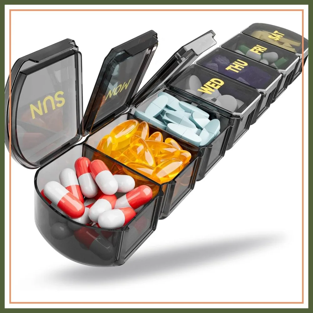 Large 7 Day Pill Organizer Weekly Medicine Box with Easy-Open Lids, BPA-Free Plastic, for Vitamins Supplements Fish Oil, Black
Large 7 Day Pill Organizer Weekly Medicine Box with Easy-Open Lids, BPA-Free Plastic, for Vitamins Supplements Fish Oil, Black