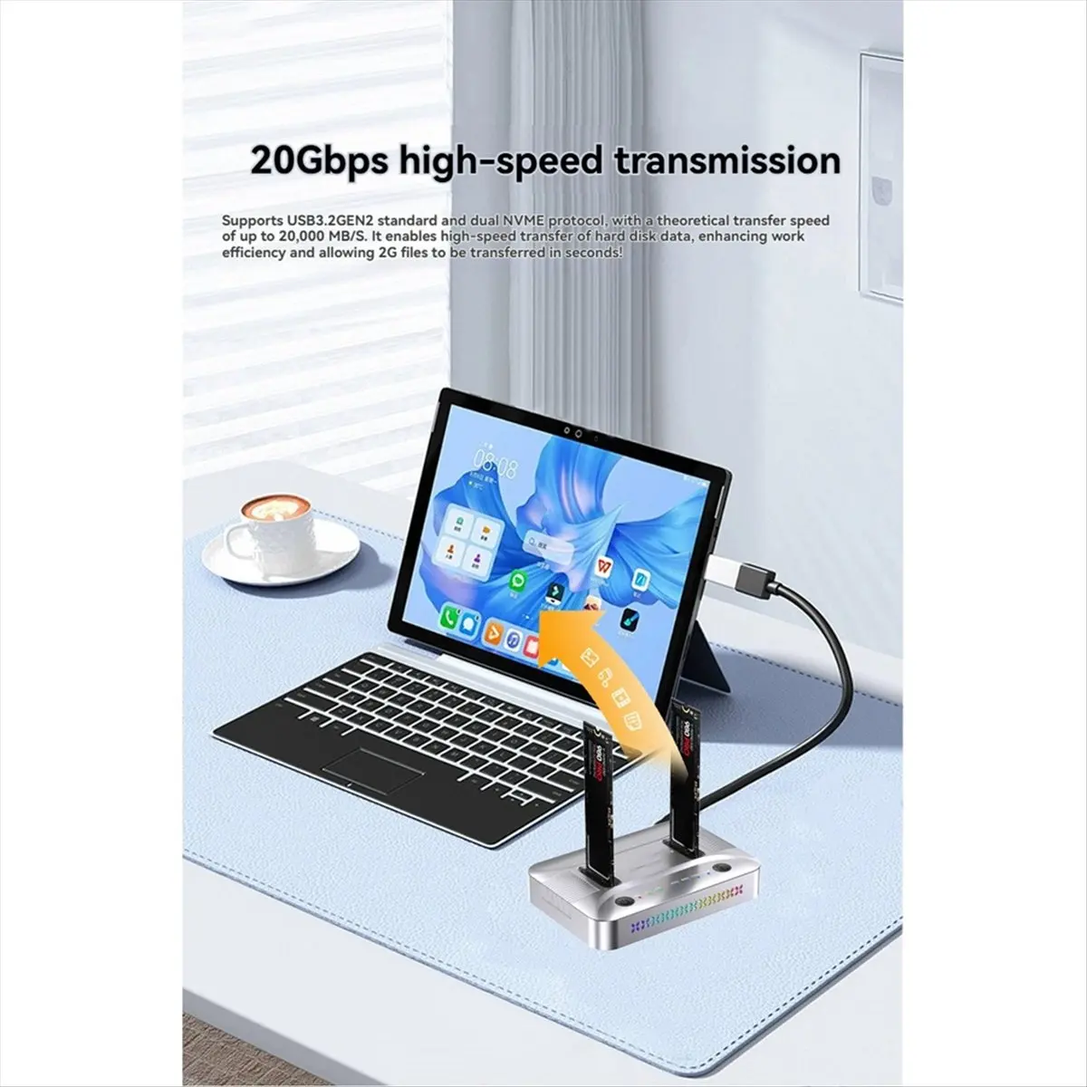 Stable- Dual-Bay M.2 RGB NVME NGFF SSD Docking Station, USB3.2 GEN2 Type C 20Gbps Data Transfer, Support OFFline Cloner
Stable- Dual-Bay M.2 RGB NVME NGFF SSD Docking Station, USB3.2 GEN2 Type C 20Gbps Data Transfer, Support OFFline Cloner