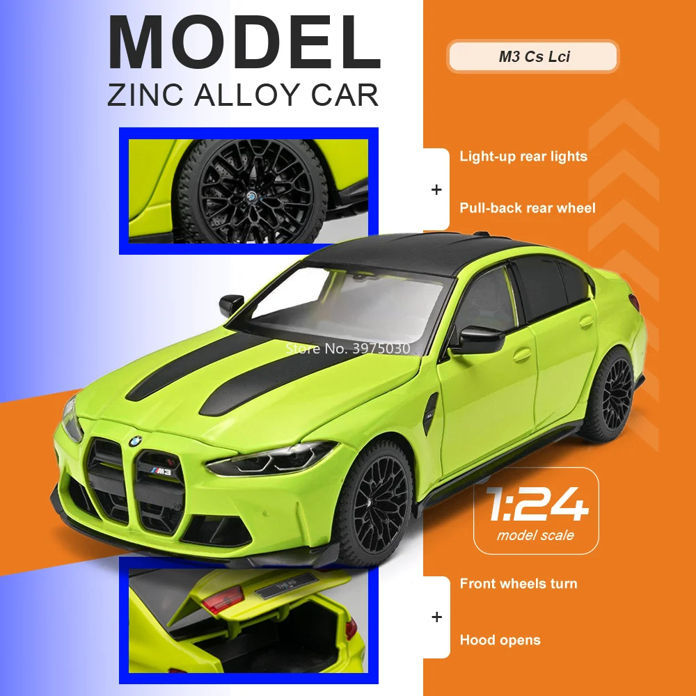 Модель автомобиля M3 CS LCI в масштабе 1:24, миниатюрная литая игрушка из сплава со звуком и светом, открывающиеся двери, откатывающиеся колеса, подарки на день рождения для детей
Модель автомобиля M3 CS LCI в масштабе 1:24, миниатюрная литая игрушка из сплава со звуком и светом, открывающиеся двери, откатывающиеся колеса, подарки на день рождения для детей