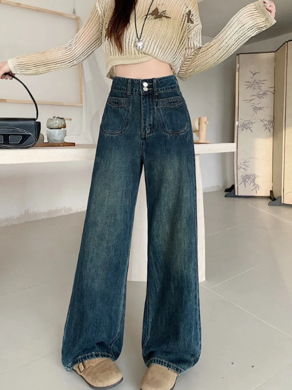 High Waist Wide Leg Jeans Women's plus Size Vintage Washed Denim Pear Shape Body Fit Street Style Trousers Autumn Blue
High Waist Wide Leg Jeans Women's plus Size Vintage Washed Denim Pear Shape Body Fit Street Style Trousers Autumn Blue