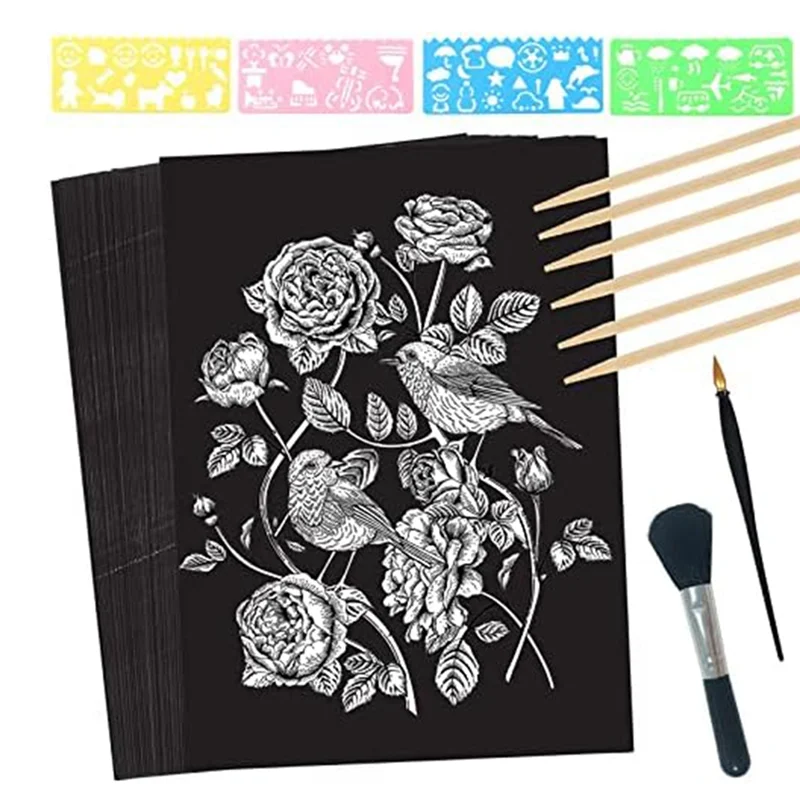 -ABAB Scratch Paper Art Set, 50 Sheets 8X11in Black Coated Scratchboard Large Scratch Paper With Wooden Styluses And Stencils Du
-ABAB Scratch Paper Art Set, 50 Sheets 8X11in Black Coated Scratchboard Large Scratch Paper With Wooden Styluses And Stencils Du