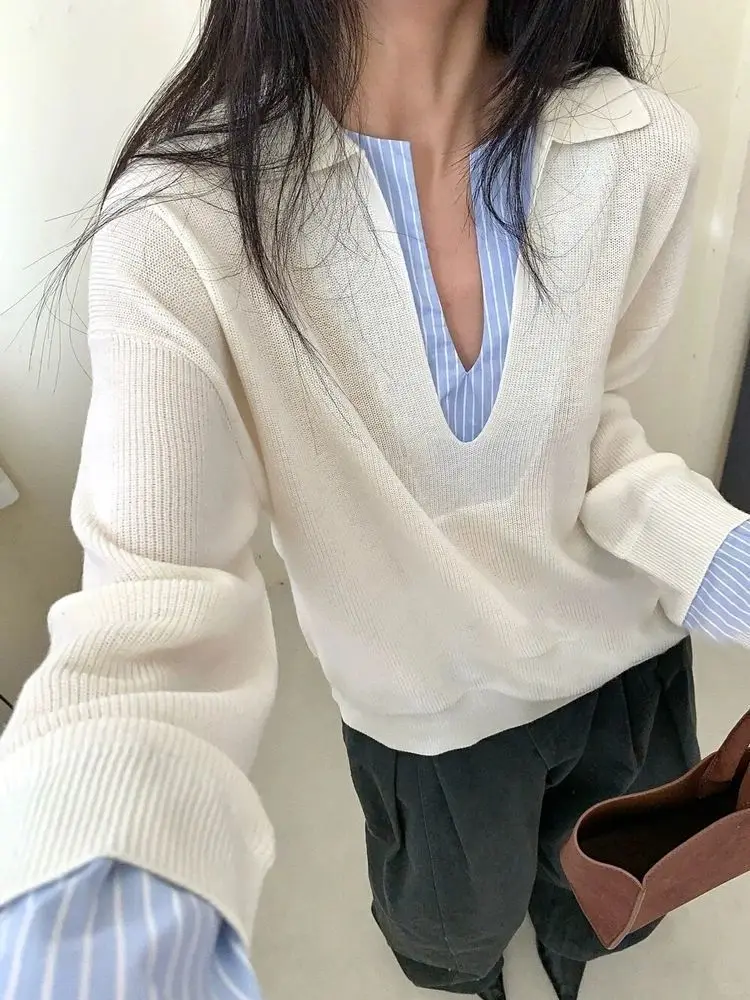 Korejpaa Korean Style Patchwork Knitted Sweater Top Early Autumn 2025 New Casual Striped Contrasting Pullover Gentle Slim Pulls
Korejpaa Korean Style Patchwork Knitted Sweater Top Early Autumn 2025 New Casual Striped Contrasting Pullover Gentle Slim Pulls