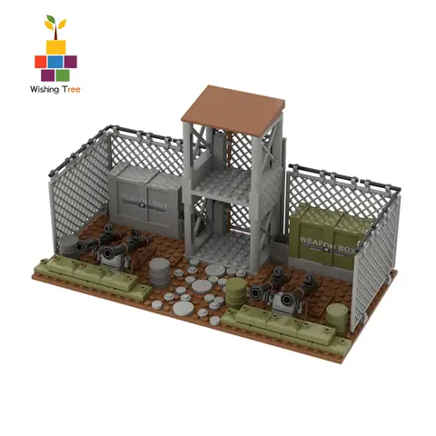 Zestaw klocków konstrukcyjnych w stylu militarnym, małe klocki z wieżą strażniczą, sceną z workiem piasku, model MOC, kreatywny.