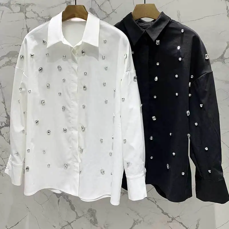 Top Quality Rhinestone Decoration Loose White Shirts Women Single Breasted Lapel Long Sleeve Blouses Runway New High End Top
Top Quality Rhinestone Decoration Loose White Shirts Women Single Breasted Lapel Long Sleeve Blouses Runway New High End Top