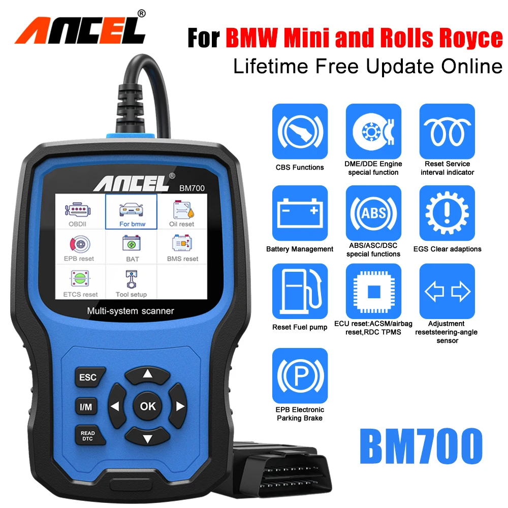 ANCEL BM700 OBD2 Scanner Full System Diagnostic Tool Injector Coding EPB SAS Airbag ABS Oil Reset Automotive Code Reader For BMW
ANCEL BM700 OBD2 Scanner Full System Diagnostic Tool Injector Coding EPB SAS Airbag ABS Oil Reset Automotive Code Reader For BMW